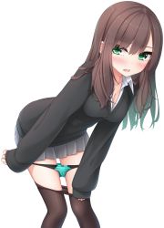 Rule 34 | 1girl, aqua panties, black sweater, blush, breasts, brown hair, brown pantyhose, cleavage, clothes pull, collarbone, collared shirt, commentary request, dress shirt, green eyes, grey skirt, hair between eyes, highres, leaning forward, long hair, long sleeves, looking at viewer, medium breasts, open mouth, original, panties, panty pull, pantyhose, pantyhose pull, pleated skirt, pulled by self, school uniform, shirt, simple background, skirt, sleeves past wrists, solo, sweater, underwear, white background, white shirt, yoye (pastel white)