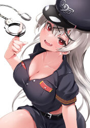 Rule 34 | 1girl, absurdres, akazawa kureha, belt, black belt, black hair, black shirt, blush, breasts, cleavage, collarbone, cuffs, ear piercing, fang, hair ornament, handcuffs, highres, hololive, large breasts, long hair, looking at viewer, multicolored hair, open mouth, piercing, police, police uniform, policewoman, red eyes, sakamata chloe, shirt, short sleeves, simple background, smile, solo, streaked hair, uniform, virtual youtuber, white background, x hair ornament