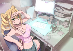 Rule 34 | absurdres, animation paper (object), animator, bare shoulders, black thighhighs, blonde hair, blouse, blush, breasts, brush, camisole, chair, coffee mug, commentary request, computer, crop top, cup, desk, drawing, drawing equipment, drill hair, earbuds, earphones, from above, green shorts, hair between eyes, hand on own head, highres, holding, holding pencil, keyboard, large breasts, light blush, light box, looking at viewer, looking up, midriff, monitor, mug, office chair, open fly, original, paper stack, paperclip, peg bar, pencil, pencil skirt, pink shirt, pursed lips, qumata, raised eyebrows, shirt, short shorts, shorts, sitting, skirt, solo, spaghetti strap, sticky note, swivel chair, tape, tape dispenser, thighhighs, twin drills, unbuttoned, wet, wet clothes, wet shirt
