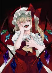Rule 34 | 1girl, absurdres, ascot, blonde hair, bow, crying, crying with eyes open, crystal, crystal wings, embodiment of scarlet devil, fangs, flandre scarlet, hand on own chest, hand on own face, hat, hat belt, hat ribbon, highres, long hair, looking at viewer, mob cap, multicolored wings, niseneko (mofumofu ga ienai), one side up, open mouth, puffy short sleeves, puffy sleeves, red bow, red eyes, red skirt, red vest, ribbon, shirt, short hair, short sleeves, side ponytail, skirt, skirt set, smile, solo, tearing up, tears, touhou, vest, white hat, wings, yellow ascot