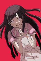 1girl :d apron bandaged_arm bandages black_hair blush cowboy_shot danganronpa_(series) danganronpa_2:_goodbye_despair hands_up highres long_hair myo_hara open_mouth own_hands_together pink_eyes pink_shirt puffy_short_sleeves puffy_sleeves red_background shirt short_sleeves smile solo teeth tsumiki_mikan upper_teeth_only white_apron