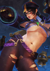 Rule 34 | 1girl, absurdres, belt, black-framed eyewear, blush stickers, breasts, brown eyes, brown hair, claws, contrapposto, curvy, detached sleeves, drone, fang, glasses, hat, highres, jiangshi, jiangshi mei, large breasts, lips, long hair, looking at viewer, maebari, mei (overwatch), midriff, monori rogue, navel, nose, official alternate costume, ofuda, outstretched arms, overwatch, overwatch 1, pantyhose, qingdai guanmao, short hair, snowball (overwatch), solo, standing, torn clothes, torn pantyhose, underboob