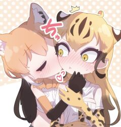 Rule 34 | 2girls, :t, ahoge, animal ears, animal print, blonde hair, blush, bow, bowtie, brown hair, cheek press, cheetah (kemono friends), cheetah ears, cheetah print, chibi, closed eyes, closed mouth, collared shirt, colored inner hair, cropped shirt, elbow gloves, extra ears, eyeshadow, facing another, gloves, hand up, heart, holding another&#039;s wrist, kemono friends, kiss, kissing cheek, long hair, looking at another, makeup, maned wolf (kemono friends), midriff, multicolored hair, multiple girls, nose blush, orange hair, parted bangs, polka dot, polka dot background, print gloves, sarutori, shirt, short sleeves, sleeveless, sleeveless shirt, sound effects, stomach, surprised, upper body, very long hair, white shirt, wide-eyed, wing collar, wolf ears, yellow eyes, yuri