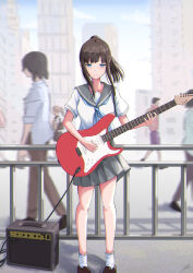 Rule 34 | 2girls, 3boys, amplifier, black hair, blue eyes, blue neckerchief, brown footwear, building, check commentary, city, closed mouth, commentary, commentary request, day, electric guitar, fender stratocaster, grey sailor collar, grey skirt, guitar, high ponytail, highres, holding, holding instrument, instrument, loafers, looking down, motion blur, multiple boys, multiple girls, neckerchief, nyanko960121, original, outdoors, pleated skirt, railing, road, sad, sailor collar, school uniform, serafuku, shoes, short sleeves, sidelocks, signature, skirt, socks, standing, straight-on, street, tearing up, walking, white socks