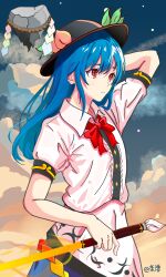 Rule 34 | 1girl, arm behind head, black headwear, blue hair, bow, bowtie, center frills, closed mouth, cloud, collared shirt, commentary request, frills, highres, hinanawi tenshi, holding, holding sword, holding weapon, kagurachiriri, keystone, leaf hat ornament, long hair, outdoors, peach hat ornament, rainbow order, red bow, red bowtie, red eyes, shirt, short sleeves, sidelocks, signature, sky, solo, sword, sword of hisou, touhou, variant set, weapon, white shirt