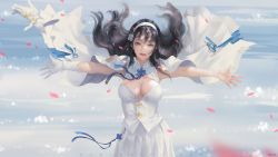 Rule 34 | 1girl, artist name, black hair, blurry, blurry background, breasts, brooch, brown eyes, cape, cleavage, cleavage cutout, clothing cutout, cloud, commentary, cowboy shot, floating hair, flower, g-tz, girls&#039; frontline, gloves, unworn gloves, hair flower, hair ornament, hairband, happy, headband, highres, jewelry, large breasts, long hair, looking at viewer, outdoors, outstretched arms, parted lips, petals, ring, shirt, sidelocks, single glove, skirt, sleeveless, sleeveless shirt, solo, spread arms, type 95 (girls&#039; frontline), wedding band, white cape, white gloves, white hairband, white shirt, white skirt, wind, wind lift, yellow eyes