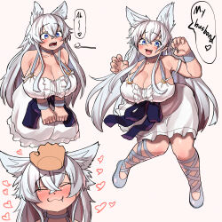 Rule 34 | 1girl, :3, animal ear fluff, animal ears, arm support, blue eyes, blue footwear, blush, breasts, claw pose, cleavage, close-up, closed eyes, closed mouth, collarbone, commentary, crossed bangs, dress, drooling, english commentary, english text, fenrys, full body, hair between eyes, headpat, heart, heart background, highres, huge breasts, kagarimachi konatsu, kneeling, knees together feet apart, leaning forward, long hair, looking at viewer, lv2 kara cheat datta moto yuusha kouho no mattari isekai life, mixed-language commentary, multiple views, o-ring, open mouth, simple background, skirt, sleeveless, sleeveless dress, speech bubble, spoon, standing, standing on one leg, thick thighs, thighs, white dress