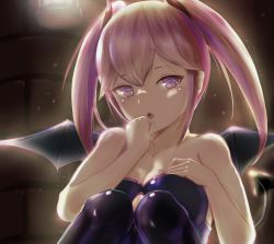 Rule 34 | 1girl, bad id, bad pixiv id, bare arms, bare shoulders, black legwear, black wings, breasts, cleavage, collarbone, demon girl, heart, heart-shaped pupils, horns, indoors, kita (kita 2021), long hair, looking at viewer, mini wings, open mouth, original, pink hair, purple eyes, resolution mismatch, sitting, small breasts, solo, source larger, strapless, symbol-shaped pupils, twintails, wings