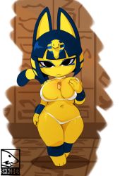 Rule 34 | 1girl, :&lt;, animal crossing, animal ears, animal feet, ankha (animal crossing), arm at side, artist name, barefoot, black eyes, blue fur, blue hair, blunt bangs, bob cut, body fur, border, bra, breast hold, breasts, brown background, cat ears, cat girl, cat tail, closed mouth, coin, egyptian, expressionless, female focus, full body, furry, furry female, hair ornament, half-closed eyes, hand up, hieroglyphics, jewelry, legs together, looking at viewer, navel, necklace, nintendo, panties, shnider, short hair, sidelocks, skindentation, snake hair ornament, solo, standing, stomach, striped tail, tail, thick thighs, thighs, two-tone fur, underwear, underwear only, watermark, white border, white bra, white panties, wide hips, yellow fur
