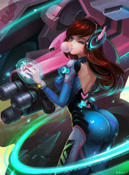 Rule 34 | 1girl, ;), alternate eye color, arm cannon, armor, artist name, ass, back, blue eyes, bodysuit, breasts, brown hair, blowing bubbles, center opening, character name, chewing gum, clothes writing, cowboy shot, d.va (overwatch), facepaint, facial mark, from behind, gatling gun, gloves, gun, headphones, highres, hologram, holographic interface, holographic touchscreen, lips, liuguang shuiyin, long hair, looking at viewer, looking back, mecha, meka (overwatch), one eye closed, overwatch, overwatch 1, pilot suit, pink lips, robot, science fiction, shoulder pads, skin tight, smile, solo, swept bangs, watermark, weapon, web address, whisker markings, white gloves