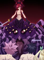 Rule 34 | 2boys, 2girls, arthropod girl, black hair, blonde hair, breasts, erza scarlet, fairy tail, gray fullbuster, hair over breasts, highres, insect girl, large breasts, long hair, lucy heartfilia, multiple boys, multiple girls, natsu dragneel, pink hair, red eyes, red hair, spider girl, sword, topless, weapon