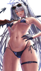 Rule 34 | 1girl, armpits, bikini, black-framed eyewear, black bikini, black gloves, blue archive, blush, bolt action, breasts, cameltoe, choker, cowboy shot, dark-skinned female, dark skin, demon tail, eyewear on head, gloves, gluteal fold, grey hair, gun, hair over one eye, hair ribbon, halo, highres, holding, holding gun, holding weapon, iori (blue archive), iori (swimsuit) (blue archive), long hair, looking at viewer, mauser 98, multi-strapped bikini bottom, navel, official alternate costume, open mouth, pointy ears, red eyes, ribbon, rifle, side-tie bikini bottom, silver bullet (ecc12 8), small breasts, solo, sunglasses, swimsuit, tail, thigh strap, twintails, very long hair, weapon, wet