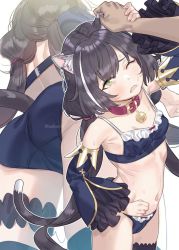 Rule 34 | 1girl, animal ear fluff, animal ears, armpits, ass, bare shoulders, bell, bikini, black bikini, black hair, black thighhighs, blush, breasts, buckle, cat ears, cat girl, cat tail, clenched teeth, collar, commentary request, crying, crying with eyes open, detached sleeves, frilled bikini, frills, from below, grabbing another&#039;s ear, green eyes, hand on another&#039;s ear, hand on another&#039;s hand, jingle bell, karyl (princess connect!), long hair, long sleeves, looking up, low twintails, multicolored hair, multiple views, navel, neck bell, one eye closed, parted lips, princess connect!, simple background, small breasts, stomach, streaked hair, subachi, sweat, swimsuit, tail, tears, teeth, thigh strap, thighhighs, twintails, twitter username, white background, white hair