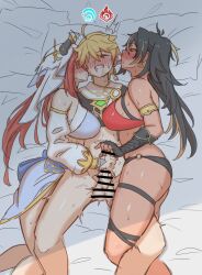 Rule 34 | 1boy, 2girls, aether (genshin impact), ahoge, akazuan 19, armlet, bar censor, black gloves, black hair, black shirt, blonde hair, blush, breasts, censored, clenched teeth, closed eyes, commentary, cooperative handjob, dark-skinned female, dark skin, dehya (genshin impact), detached sleeves, ear licking, earrings, english commentary, erection, fake horns, feet out of frame, femdom, ffm threesome, fingerless gloves, from above, furrowed brow, gameplay mechanics, genshin impact, glansjob, gloved handjob, gloves, gold trim, group sex, hair between eyes, handjob, harem outfit, hetero, highres, horns, jewelry, large breasts, licking, long hair, looking at viewer, lying, motion lines, multicolored hair, multiple girls, multiple thigh straps, nilou (genshin impact), o-ring, o-ring bottom, on back, on bed, on side, penis, pillow, red hair, shirt, short hair, sideboob, skindentation, streaked hair, sweat, teeth, testicles, thigh strap, threesome, tongue, tongue out, trembling, two-tone hair, veil, white veil