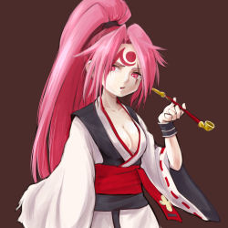 Rule 34 | 1girl, amputee, baiken, breasts, brown background, cleavage, guilty gear, hair intakes, hal-13, high ponytail, japanese clothes, kimono, kiseru, large breasts, long hair, obi, one eye closed, open clothes, open kimono, open mouth, pink eyes, pink hair, ponytail, sash, scar, scar across eye, scar on face, simple background, smoking pipe, solo, very long hair, wide sleeves