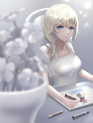 Rule 34 | 1girl, absurdres, blonde hair, blue eyes, blurry, breasts, closed mouth, deco (fj eel), depth of field, dress, highres, kingdom hearts, kingdom hearts chain of memories, long hair, looking at viewer, namine, smile, solo, white dress