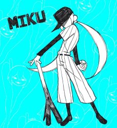 Rule 34 | ball, baseball, baseball cap, baseball uniform, blue background, character name, commentary, cosplay, faceless, full body, greyscale with colored background, hat, hatsune miku, highres, holding, holding ball, layered sleeves, long hair, long sleeves, off (game), shaded face, shiteyan&#039;yo, short over long sleeves, short sleeves, sportswear, spring onion, the batter (off), the batter (off) (cosplay), twintails, very long hair, vocaloid, xestria