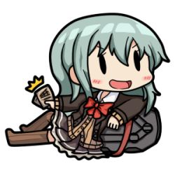 Rule 34 | 10s, 1girl, 90mm single high-angle gun mount, aqua hair, ascot, bamomon, blueprint (object), blush, brown thighhighs, chibi, commentary, emphasis lines, flight deck, jacket, kantai collection, long hair, lowres, machinery, open mouth, pleated skirt, remodel (kantai collection), school uniform, simple background, skirt, solo, suzuya (kancolle), thighhighs