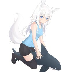 Rule 34 | 1girl, absurdres, animal ear fluff, animal ears, bandaid, bandaid on cheek, bandaid on face, bare arms, bare shoulders, black shorts, black thighhighs, blue camisole, blue eyes, blush, breasts, camisole, closed mouth, commentary request, fox ears, fox girl, fox tail, full body, hair between eyes, highres, kuronagi (mitora uwu), long hair, looking at viewer, no shoes, original, shorts, simple background, small breasts, solo, stuffed animal, stuffed shark, stuffed toy, tail, thighhighs, white background, white hair