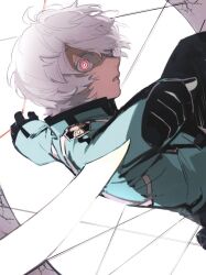 Rule 34 | 1boy, arm blade, badge, black gloves, blue jacket, crack, dutch angle, floating hair, from side, gloves, jacket, kuga yuuma, long sleeves, looking at viewer, male focus, midair, mikumo squad&#039;s uniform, outstretched arms, panyasan 777, profile, red eyes, ringed eyes, short hair, sideways glance, solo, spread arms, string, uniform, upper body, weapon, white background, white hair, world trigger