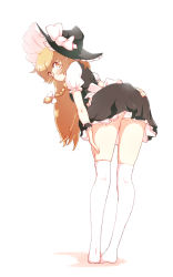 Rule 34 | 1girl, bad id, bad pixiv id, bent over, blonde hair, blouse, bow, braid, from behind, full body, hair ribbon, hand on own ass, hat, hat bow, highres, kirisame marisa, long hair, looking at viewer, looking back, miniskirt, non (z-art), panties, pantyshot, ribbon, shirt, short sleeves, side braid, simple background, skirt, solo, standing, thighhighs, touhou, tress ribbon, underwear, vest, white background, white panties, white thighhighs, witch hat, wrist cuffs, yellow eyes