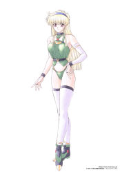 Rule 34 | 1990s (style), 1994, 1girl, blonde hair, bridal gauntlets, company name, copyright notice, full body, hairband, highres, long hair, megami paradise, non-web source, official art, red eyes, retro artstyle, simple background, smile, solo, standing, thighhighs, white background, white thighhighs, yoshizane akihiro