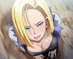 Rule 34 | 1girl, android 18, blonde hair, blue eyes, breasts, butcha-u, cleavage, covered erect nipples, dragon ball, dragonball z, earrings, female focus, from above, jewelry, kneeling, licking lips, medium breasts, naughty face, pantyhose, pov, short hair, solo, tongue, tongue out