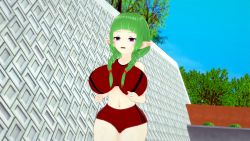 Rule 34 | 3d, breasts, exercising, fire emblem, fire emblem awakening, green hair, gym shirt, gym shorts, gym uniform, highres, huge breasts, impossible clothes, impossible shirt, large breasts, nah (fire emblem), nintendo, outdoors, pointy ears, shirt, shorts, thick thighs, thighs, tight clothes, tight shirt, wide hips