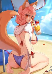 Rule 34 | 1girl, adjusting clothes, adjusting swimsuit, animal ears, ass, barefoot, beach, bikini, blue bikini, blue sky, breasts, butt crack, chiroshiron, cloud, cup, day, fang, fate/grand order, fate (series), feet, food, fox ears, fox tail, from behind, fruit, hat, highres, holding, holding cup, large breasts, long hair, looking at viewer, looking back, ocean, orange eyes, outdoors, parted lips, pink hair, shade, shaded face, shirt, sitting, sky, smile, soles, solo, straw hat, strawberry, summer, sunlight, sweat, swimsuit, tail, tamamo (fate), tamamo no mae (fate/extra), tamamo no mae (swimsuit lancer) (fate), tamamo no mae (swimsuit lancer) (third ascension) (fate), wariza, white shirt