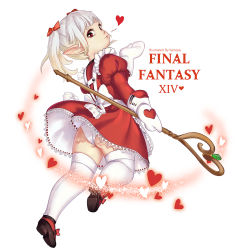Rule 34 | 10s, 1girl, apron, ass, bad id, bad pixiv id, dress, final fantasy, final fantasy xiv, from behind, heart, jumping, kanoya (1913310534), lalafell, long hair, looking back, mittens, panties, pointy ears, red dress, red eyes, ribbon, shoes, silver hair, smile, solo, staff, thighhighs, twintails, underwear, weapon, white background, white panties, white thighhighs, wind, wind lift