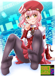 Rule 34 | 1girl, artist name, beret, black pantyhose, blush, bracer, brooch, brown eyes, commentary request, dress, earrings, feet, frown, full body, hand to own mouth, hanzou, hat, highres, jewelry, knees up, legs, long sleeves, looking at viewer, m.o.m.o., no shoes, open mouth, panties, panties under pantyhose, panty peek, pantyhose, pantyshot, pink hair, pleated dress, red dress, red hat, see-through, short dress, short hair, sitting, soles, solo, stud earrings, thighs, toes, underwear, xenosaga