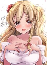 Rule 34 | 1girl, absurdres, bare shoulders, blonde hair, blush, braid, breasts, brown eyes, cleavage, dated, dress, french braid, hair between eyes, highres, kantai collection, large breasts, long hair, looking at viewer, mashiro yukiya, off-shoulder dress, off shoulder, open mouth, signature, smile, solo, upper body, wavy hair, white dress, zara (kancolle)