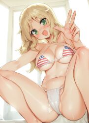 Rule 34 | 1girl, ai-assisted, american flag bikini, bare legs, bare shoulders, bikini, blonde hair, blush, breasts, ehime (ehime mikan), feet out of frame, female focus, flag print, from below, girls und panzer, green eyes, hand up, head tilt, highres, kay (girls und panzer), knees up, large breasts, long hair, open mouth, smile, solo, spread legs, squatting, sweat, swimsuit