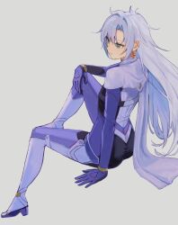 Rule 34 | 1girl, a (xenoblade), armored bodysuit, ass, blue eyes, bound ankles, cape, earrings, grey cape, highres, jewelry, long hair, messy hair, pants, single earring, solo, tight clothes, tight pants, tomorimoriri, xenoblade chronicles (series), xenoblade chronicles 3, xenoblade chronicles 3: future redeemed