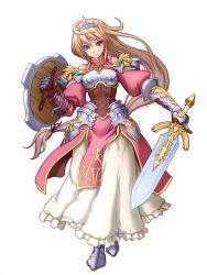 Rule 34 | armored dress, blonde hair, blue eyes, princess knight, shield, sword, weapon
