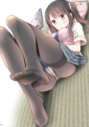 Rule 34 | 1girl, absurdres, artist name, ass, blue necktie, blue skirt, blunt bangs, blush, breasts, brown eyes, brown hair, brown pantyhose, cellphone, closed mouth, crotch seam, feet, fingernails, floral print, foot focus, hair ornament, hair scrunchie, hand up, highres, holding, holding phone, indoors, knee up, leg up, legs, long fingernails, long hair, long legs, looking at viewer, lying, medium breasts, necktie, no shoes, on back, oouso, original, panties, panties under pantyhose, pantyhose, phone, pillow, pink sweater, pleated skirt, school uniform, scrunchie, shirt, short sleeves, skirt, smartphone, soles, solo, sweater, sweater vest, tatami, thighband pantyhose, toes, twintails, underwear, white panties, white shirt