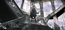 Rule 34 | 1girl, black dress, black footwear, black jacket, black pantyhose, blue sky, brown hair, building, cloud, cloudy sky, commentary, day, dress, grey eyes, grey hair, h&amp;k ump, highres, holding, holding weapon, indoors, jacket, long hair, looking away, multicolored hair, original, pantyhose, pleated dress, railing, scenery, shoes, sky, skyscraper, solo, stairs, standing, swav, two-tone hair, very long hair, weapon, weapon on back, weapon request, window