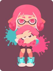 Rule 34 | 1girl, bare arms, black shorts, blue footwear, blunt bangs, blush stickers, brown background, covered mouth, fashion, full body, holding, holding stuffed toy, hugging object, inkling, inkling girl, inkling player character, looking at viewer, nintendo, paint splatter, pink eyes, pink hair, pointy ears, rizu (rizunm), shirt, shoes, short hair, shorts, simple background, sneakers, solo, splatoon (series), straight-on, stuffed squid, stuffed toy, tentacle hair, twitter username, white shirt