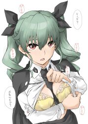 Rule 34 | 1girl, anchovy (girls und panzer), anzio school uniform, between breasts, black cape, black necktie, black ribbon, black skirt, blush, bra, breasts, cape, clothes lift, commentary, dress shirt, drill hair, elf (stroll in the woods), girls und panzer, green hair, hair ribbon, heart, highres, lifting own clothes, long hair, long sleeves, looking at viewer, medium breasts, necktie, necktie between breasts, open mouth, red eyes, ribbon, school uniform, shirt, shirt lift, simple background, skirt, solo, sweat, translation request, twin drills, twintails, underwear, upper body, white background, white shirt, wing collar, yellow bra