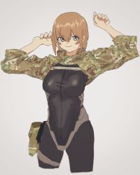 Rule 34 | 1girl, absurdres, ammunition pouch, arms up, black pantyhose, blurry, blurry foreground, bodysuit, breasts, brown eyes, brown hair, camouflage, clothes lift, grey background, groin, highres, large breasts, looking at viewer, military, original, pantyhose, pouch, shirt lift, smile, soutou nagi, woodland camouflage