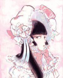 Rule 34 | 1girl, black hair, bonnet, bow, brown hair, capelet, frills, from side, hime cut, limited palette, lolita fashion, long hair, looking at viewer, makita haruka, original, puffy sleeves, solo, sweet lolita