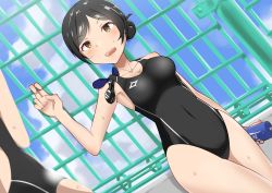 Rule 34 | 1girl, :d, arm at side, black hair, black one-piece swimsuit, blush, bottle, breasts, brown eyes, cloud, collarbone, commentary request, competition swimsuit, day, dutch angle, fence, goggles, hair bun, highres, medium breasts, one-piece swimsuit, open mouth, original, outdoors, ramiel1111, short hair, single hair bun, sky, smile, solo focus, standing, swept bangs, swimsuit, water bottle
