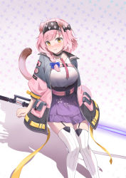 Rule 34 | 1girl, absurdres, animal ears, arknights, black hairband, blue bow, blush, bow, braid, breasts, cat ears, cat tail, commentary, feet out of frame, garter straps, goldenglow (arknights), hair bow, hairband, highres, jacket, large breasts, lightning bolt print, long hair, long sleeves, looking at viewer, miniskirt, nose blush, open clothes, open jacket, pink hair, purple skirt, shadow, shirt, single braid, sitting, skirt, solo, tail, thighhighs, white shirt, white thighhighs, yellow eyes, yinghuahua, zettai ryouiki