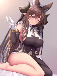 Rule 34 | 1girl, animal ears, barefoot, blush, breasts, brown hair, closed eyes, closed mouth, commentary request, detached sleeves, extra ears, galleon (granblue fantasy), gloves, granblue fantasy, hair between eyes, hair ornament, hand up, highres, horns, kneeling, large breasts, legs, long hair, long sleeves, melopun, pointy ears, revision, sideboob, smile, solo, thighs, white gloves, white headwear