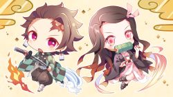 Rule 34 | 1boy, 1girl, bamboo, black hair, black jacket, black legwear, black pants, bmw, brown hair, checkered sash, chibi, claw pose, commentary request, earrings, fire, food in mouth, forehead, gradient hair, hair ribbon, hands up, highres, holding, holding sheath, holding sword, holding weapon, jacket, japanese clothes, jewelry, kamado nezuko, kamado tanjirou, katana, kimetsu no yaiba, kimono, long sleeves, looking at viewer, mouth hold, multicolored hair, obi, open clothes, pants, parted bangs, pink eyes, pink kimono, pink ribbon, puffy pants, purple eyes, ribbon, sash, scar, scar on face, scar on forehead, sheath, shiro kuma shake, sword, unsheathing, v-shaped eyebrows, water, weapon, wide sleeves