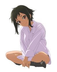 Rule 34 | 1girl, black hair, black socks, breast pocket, brown eyes, closed mouth, collarbone, collared shirt, dark-skinned female, dark skin, dress shirt, full body, hands on lap, hashtag-only commentary, highres, hikawa shio, indian style, long sleeves, looking at viewer, no pants, pocket, sano keiichi, shirt, short hair, sidelighting, sidelocks, simple background, sitting, smile, socks, solo, strike the blood, white background, white shirt