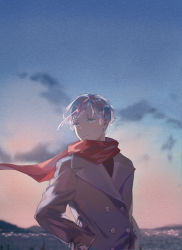 Rule 34 | 1other, alternate costume, androgynous, antarcticite, blue eyes, blue sky, blurry, blurry background, coat, contemporary, hands in pockets, highres, houseki no kuni, looking away, scarf, scenery, short hair, sky, smile, solo, tamomoko, white eyes, white hair