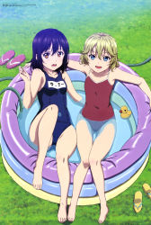 Rule 34 | 2girls, :d, absurdres, bare legs, bare shoulders, barefoot, black hair, blue eyes, blue one-piece swimsuit, blush, body blush, breasts, collarbone, competition school swimsuit, covered navel, day, december (strike the blood), embarrassed, fingernails, furukawa hideki, gluteal fold, grass, hair between eyes, hand up, highres, himeragi yukina, hose, knee up, knees together feet apart, light brown hair, looking at viewer, looking up, lower teeth only, lying, magazine scan, medium breasts, medium hair, megami magazine, multiple girls, name tag, official art, one-piece swimsuit, open mouth, orange eyes, outdoors, partially submerged, pink footwear, red one-piece swimsuit, round teeth, rubber duck, sandals, unworn sandals, scan, school swimsuit, short hair, sitting, small breasts, smile, strike the blood, swimsuit, teeth, toenails, tongue, upper teeth only, wading pool, wet, yellow footwear