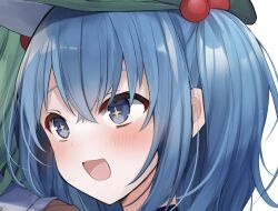 Rule 34 | + +, 1girl, :d, blue eyes, blue hair, blush, close-up, crossed bangs, excited, eyebrows hidden by hair, green hat, hair between eyes, hair bobbles, hair ornament, hat, karasusou nano, kawashiro nitori, looking afar, open mouth, peaked cap, smile, solo, touhou, two side up