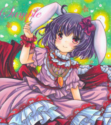 Rule 34 | 1girl, adapted costume, ahoge, animal ears, back bow, bad id, bad pixiv id, bow, carrot necklace, closed mouth, cowboy shot, floral background, frilled bow, frilled shirt collar, frilled skirt, frills, green background, holding ear, inaba tewi, jewelry, looking at viewer, marker (medium), necklace, pink shirt, pink skirt, purple hair, rabbit ears, red eyes, rui (sugar3), sample watermark, shirt, short hair, skirt, smile, solo, touhou, traditional media, watermark